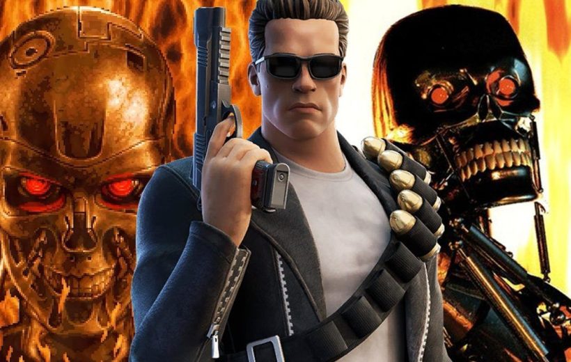 Muscular action hero with sunglasses and pistol standing between two fiery robot skulls