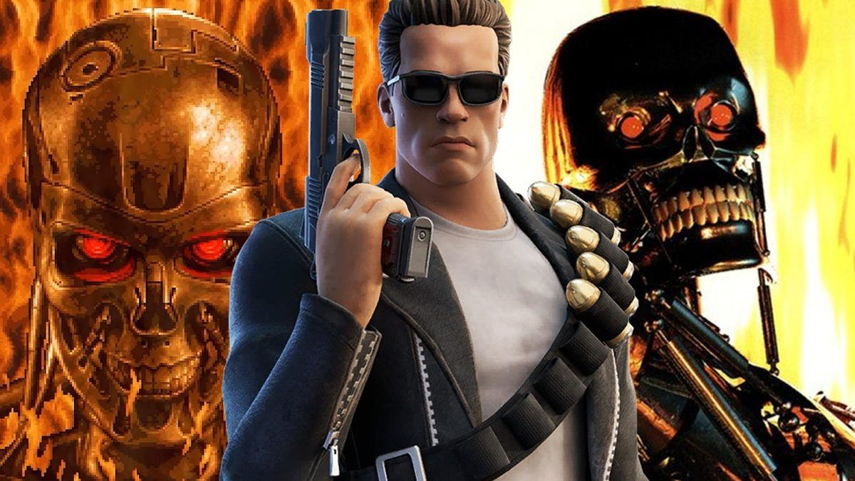 Muscular action hero with sunglasses and pistol standing between two fiery robot skulls
