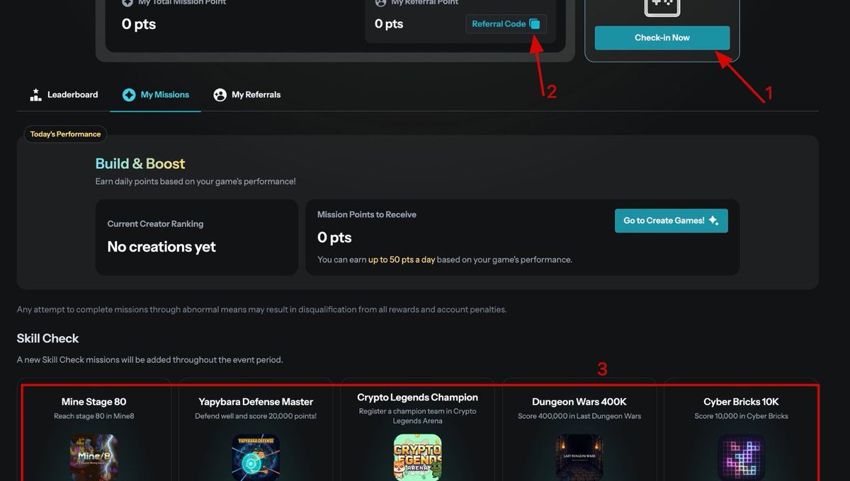 Dark dashboard showing daily missions, zero points, and selectable game challenge tiles.
