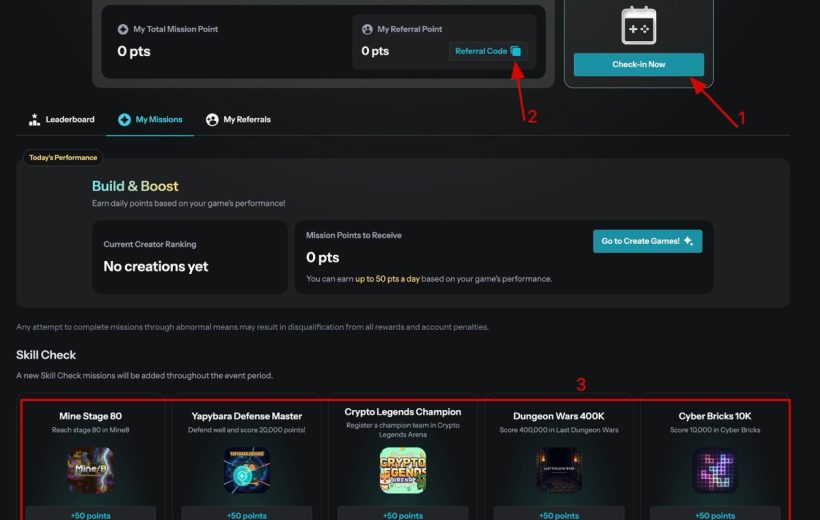 Dark dashboard showing daily missions, zero points, and selectable game challenge tiles.