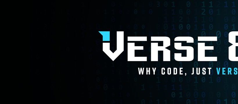 Verse 8 logo and tagline "Why code, just Verse8" on binary background