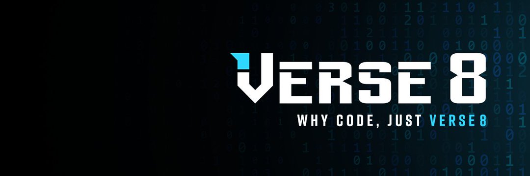 Verse 8 logo and tagline "Why code, just Verse8" on binary background
