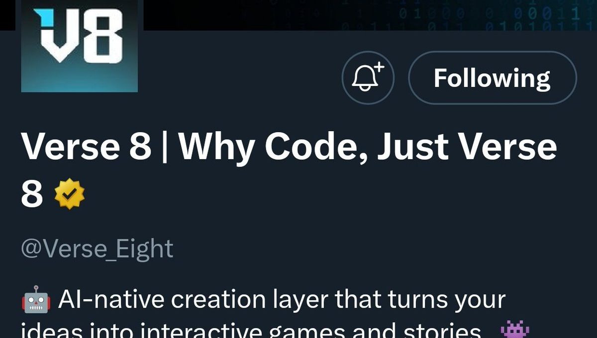 Verse 8 Twitter header showing handle, slogan "Why Code, Just Verse 8," and bio.