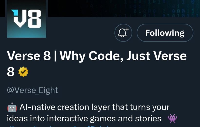 Verse 8 Twitter header showing handle, slogan "Why Code, Just Verse 8," and bio.