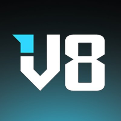 Stylized white and cyan "V8" logo on a dark teal gradient background