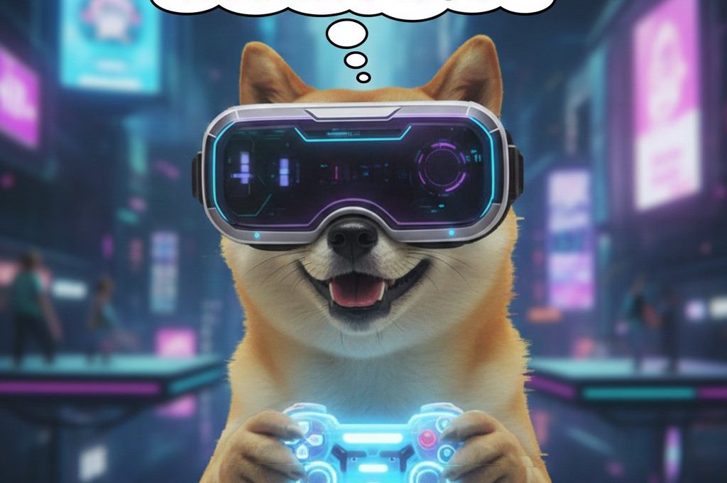Shiba Inu wearing VR headset and holding glowing controller in neon cybercity scene