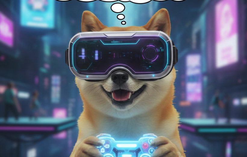 Shiba Inu wearing VR headset and holding glowing controller in neon cybercity scene