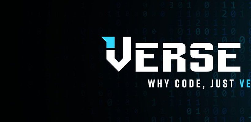 VERSE8 logo with tagline "Why code, just VERSE8" against a binary background