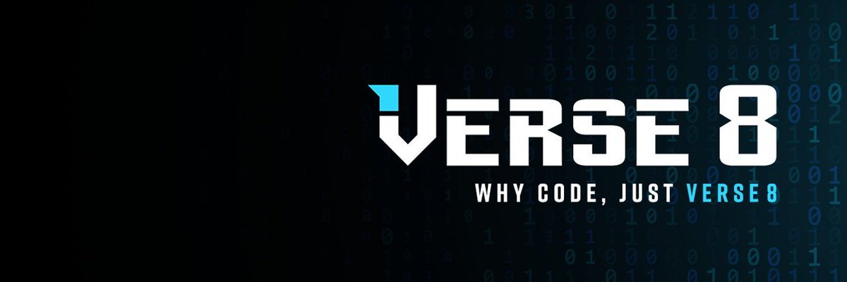 VERSE8 logo with tagline "Why code, just VERSE8" against a binary background