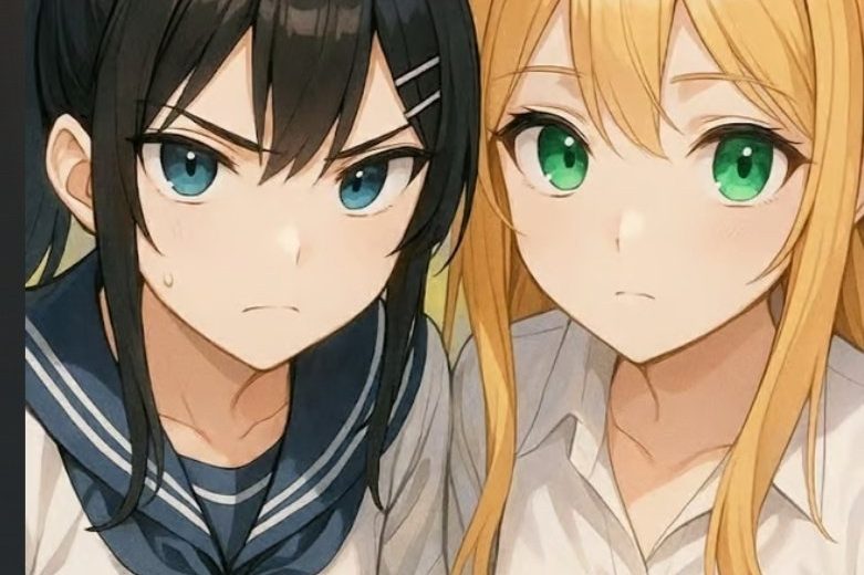 Two schoolgirls side by side, one dark-haired in sailor uniform, one blonde with green eyes