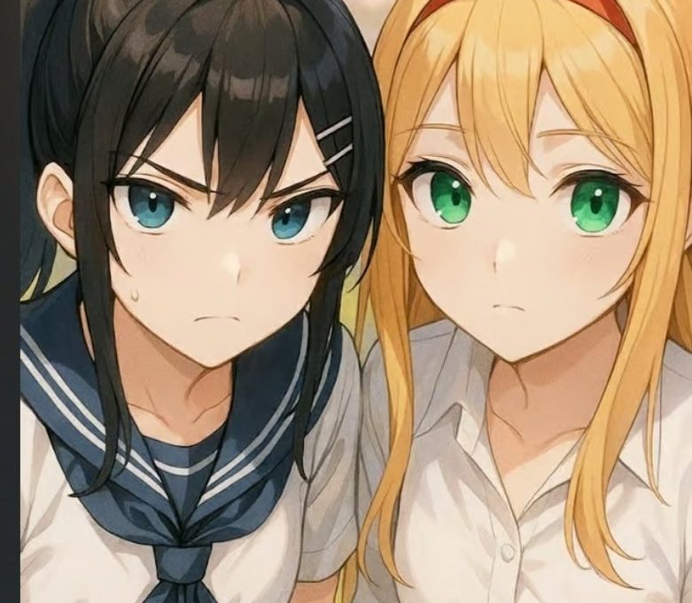 Two schoolgirls side by side, one dark-haired in sailor uniform, one blonde with green eyes