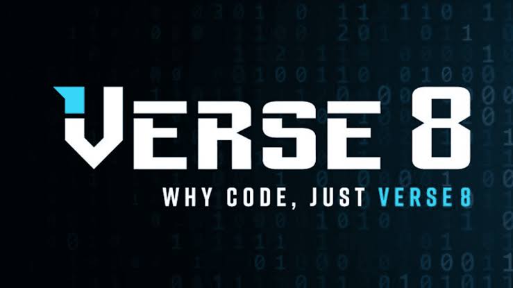 VERSE 8 logo with tagline "Why code, just VERSE8" over binary background