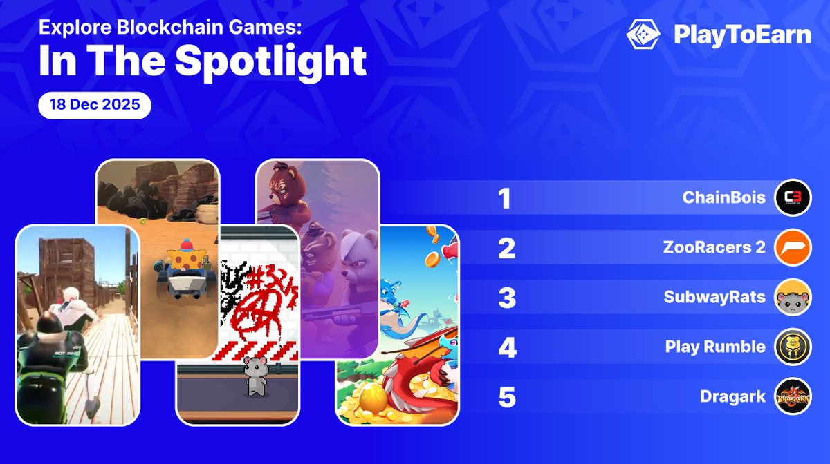Top five blockchain games list with thumbnail collages and rankings dated 18 Dec 2025