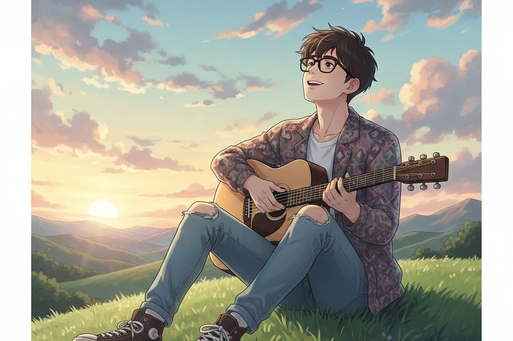 Young person with glasses playing acoustic guitar on a hillside at sunset
