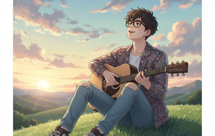 Young person with glasses playing acoustic guitar on a hillside at sunset