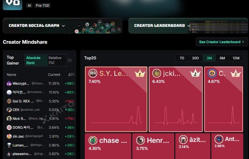 Dashboard showing creator leaderboard cards and top gainers with percentage metrics and charts