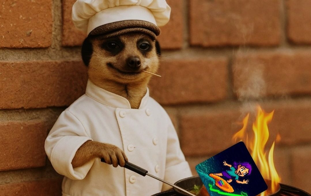 Meerkat dressed as a chef cooking over a flaming pan while holding a spatula and toothpick