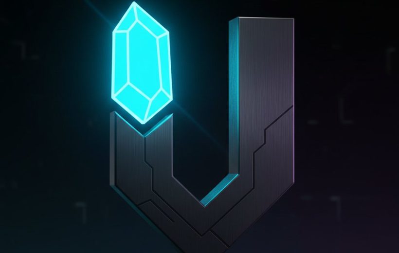 Futuristic dark metallic U-shaped logo with glowing cyan crystal hovering above it