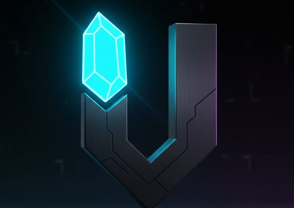 Futuristic dark metallic U-shaped logo with glowing cyan crystal hovering above it