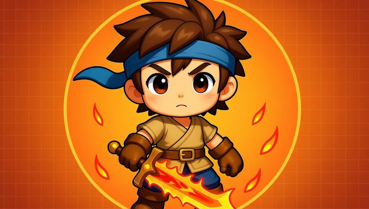 Young chibi warrior with blue headband wielding a flaming sword against orange backdrop
