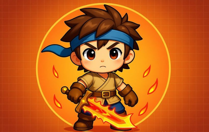 Young chibi warrior with blue headband wielding a flaming sword against orange backdrop