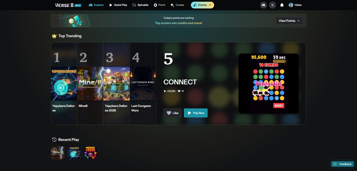 Dark gaming website homepage showing top trending games with a highlighted puzzle game "CONNECT"
