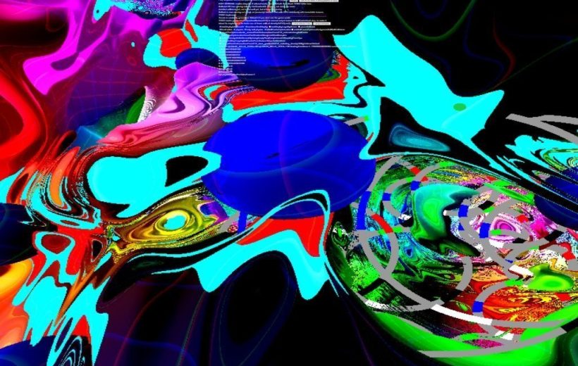 Vivid abstract digital artwork with swirling neon colors and blue circular forms