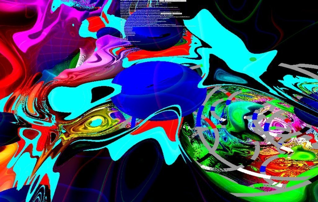 Vivid abstract digital artwork with swirling neon colors and blue circular forms