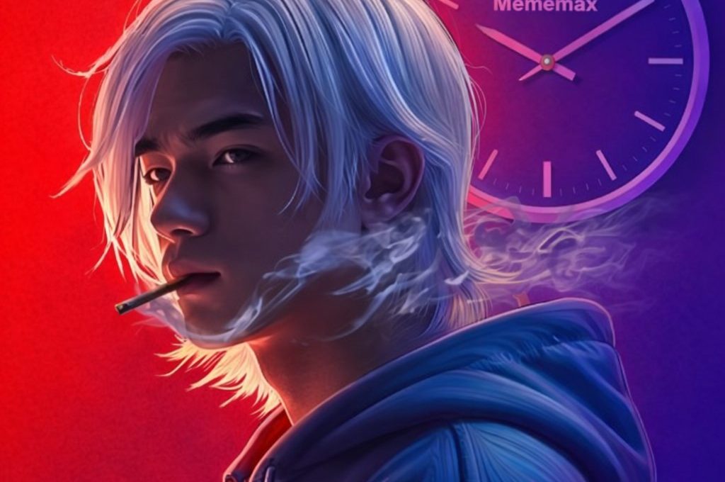 Young person with white hair smoking, purple clock reading "Mememax" in background