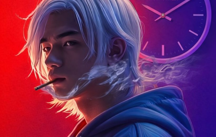 Young person with white hair smoking, purple clock reading "Mememax" in background