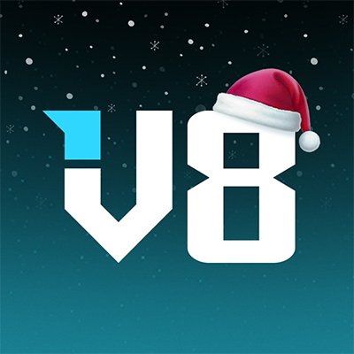 V8 logo with Santa hat against a snowy, dark teal gradient background
