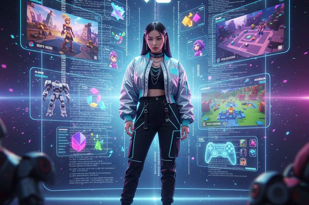Young woman in futuristic jacket stands before holographic gaming interfaces and robots.