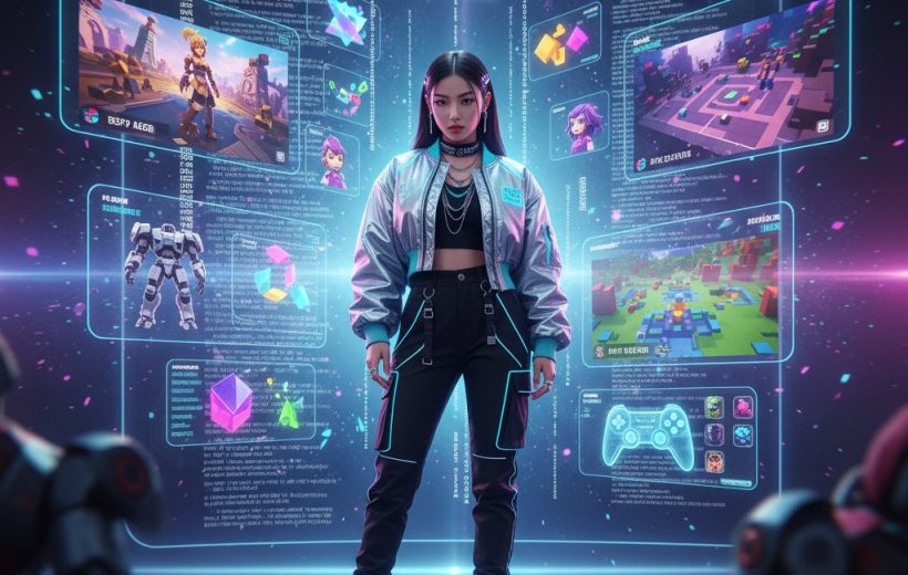 Young woman in futuristic jacket stands before holographic gaming interfaces and robots.