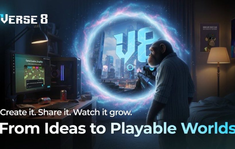 Chimpanzee gamer standing by a glowing portal to a futuristic city, desk and monitor nearby