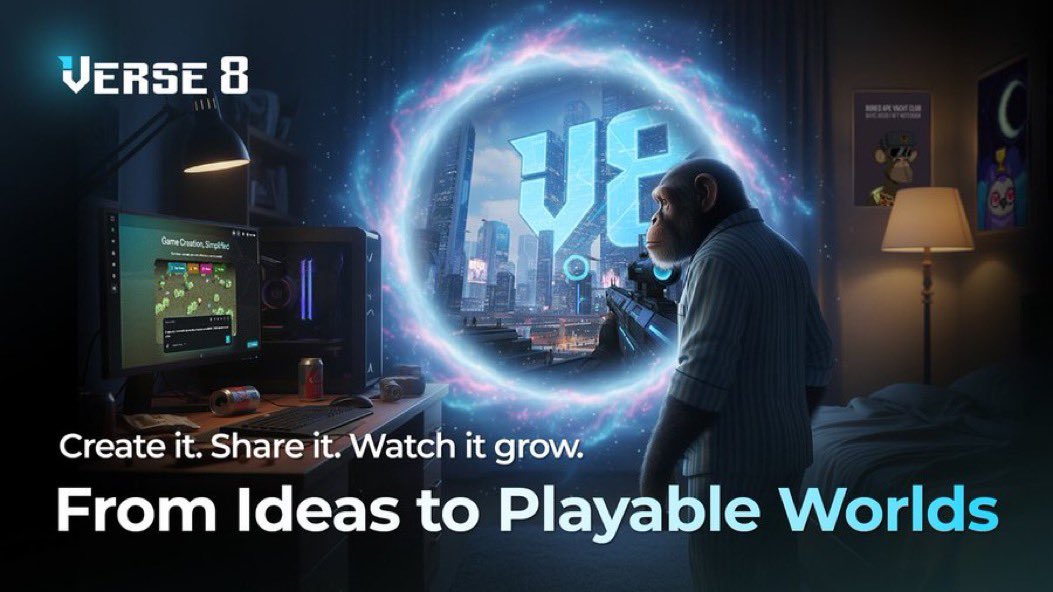 Chimpanzee gamer standing by a glowing portal to a futuristic city, desk and monitor nearby