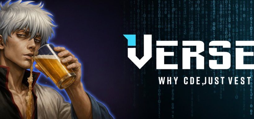 Anime-style white-haired man drinking beer beside stylized "Verse 8" digital logo and code backdrop