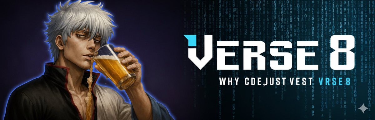 Anime-style white-haired man drinking beer beside stylized "Verse 8" digital logo and code backdrop