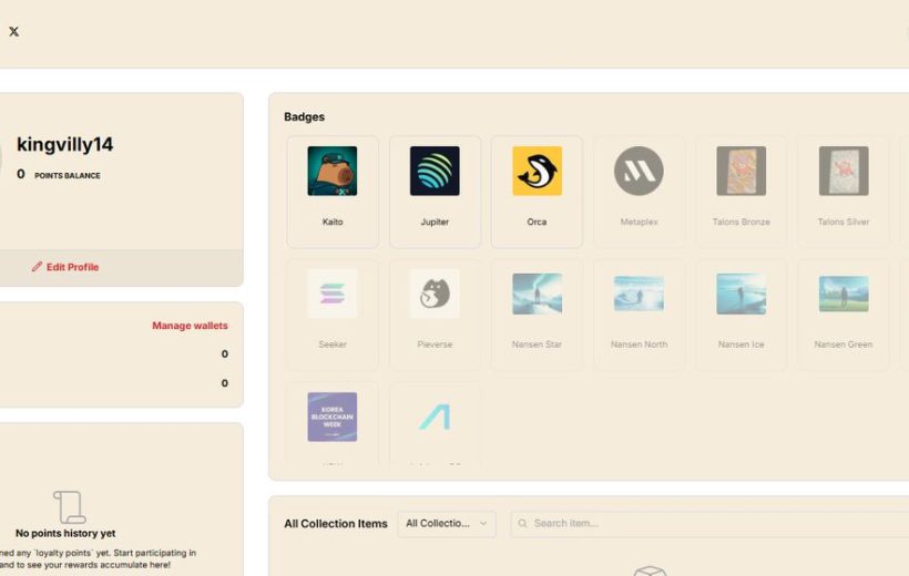 User profile dashboard showing username, wallets, badges, and NFT collection thumbnails.