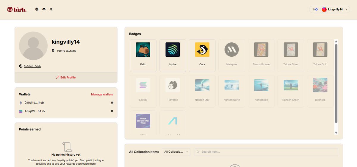 User profile dashboard showing username, wallets, badges, and NFT collection thumbnails.