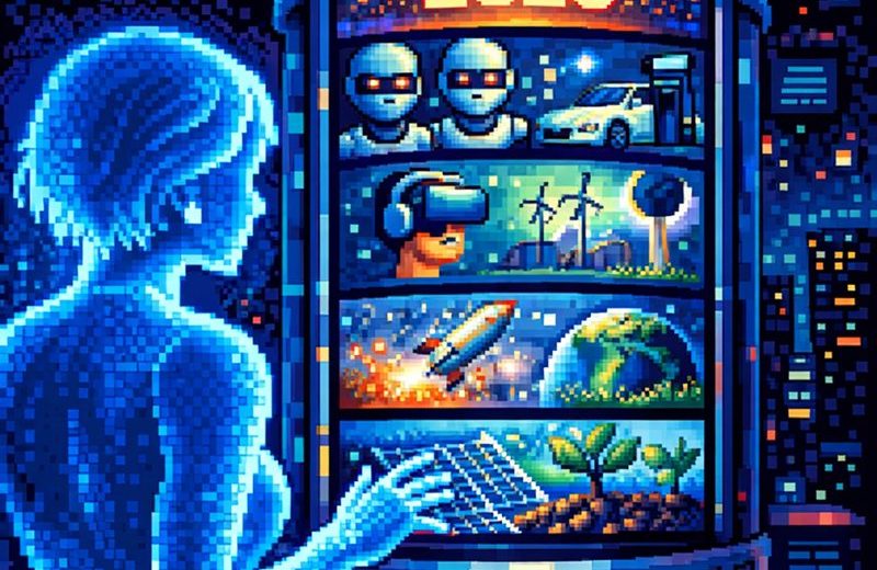 Pixel-art futuristic time capsule labeled "2025" depicting technology, space, and nature.