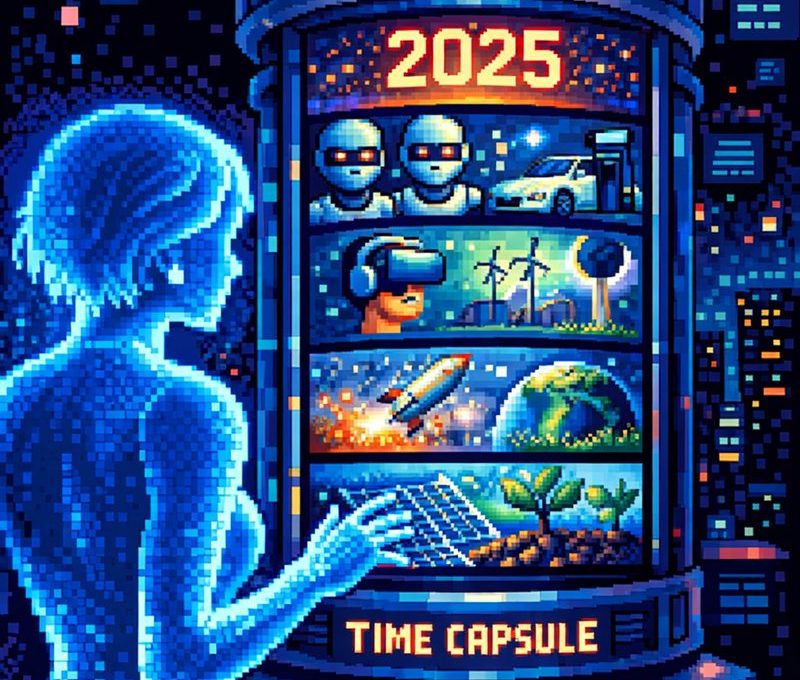 Pixel-art futuristic time capsule labeled "2025" depicting technology, space, and nature.