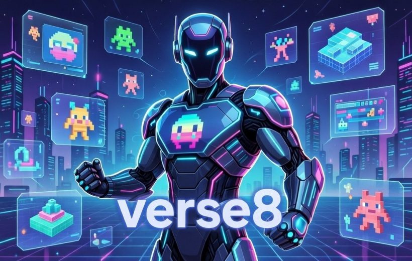 Futuristic armored robot standing in neon city surrounded by pixel art game screens labeled "verse8"