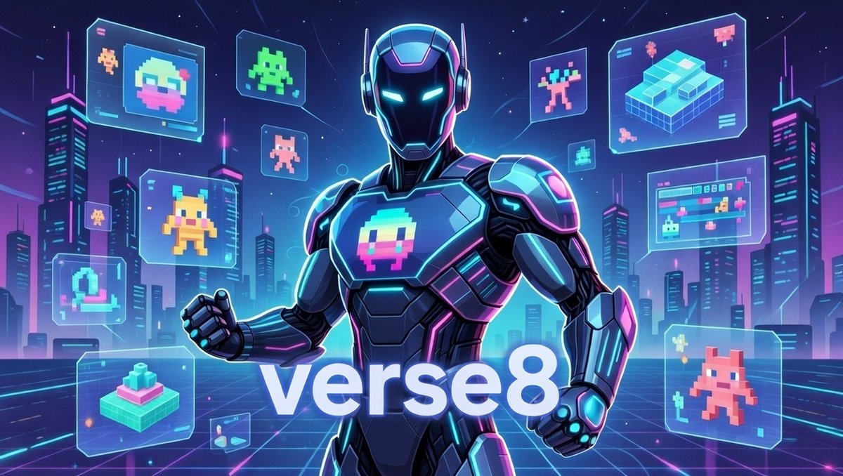 Futuristic armored robot standing in neon city surrounded by pixel art game screens labeled "verse8"