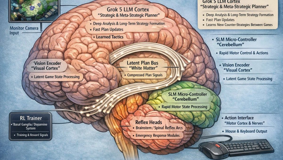 Diagram of a brain-like AI architecture mapping vision, planning, reflexes, and action interfaces.