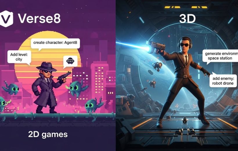 Split image showing pixel-art 2D agent with aliens and a 3D agent in space station