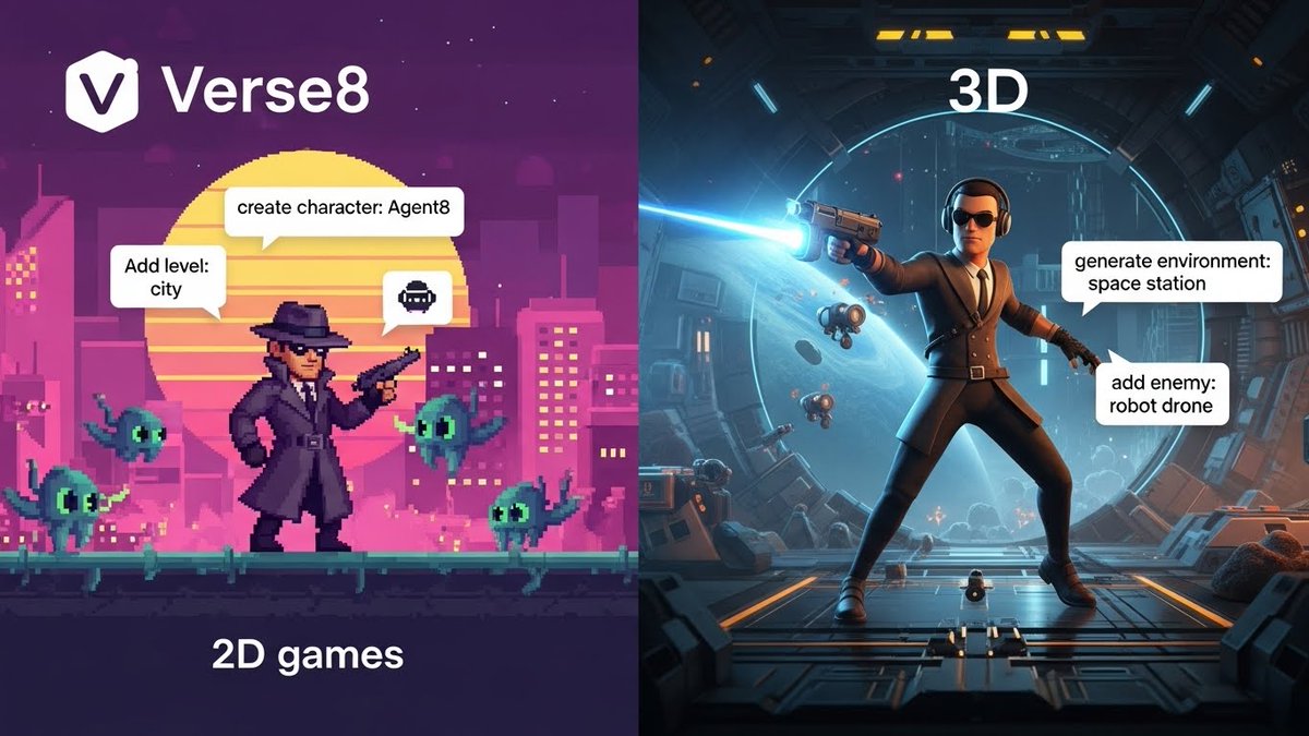Split image showing pixel-art 2D agent with aliens and a 3D agent in space station