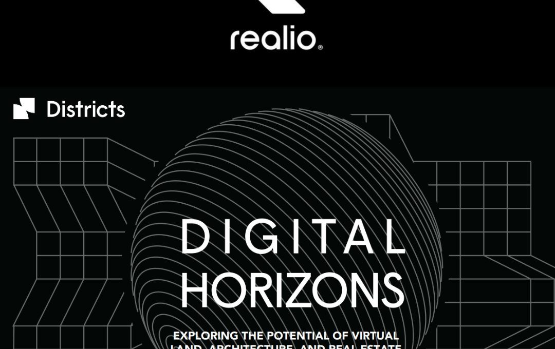 Realio logo above title "Digital Horizons" with wireframe globe and grid background.