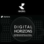 Realio logo above title "Digital Horizons" with wireframe globe and grid background.