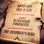Parchment-style announcement showing NFT sale details: supply 6000, price 0.15 ETH, date.