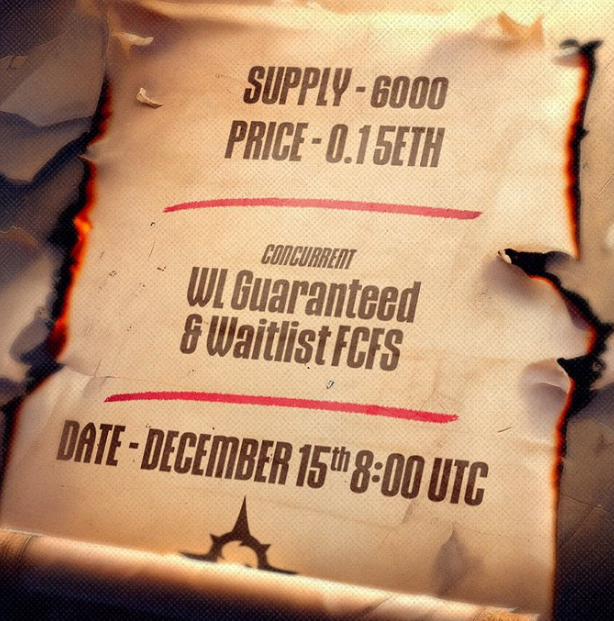 Parchment-style announcement showing NFT sale details: supply 6000, price 0.15 ETH, date.